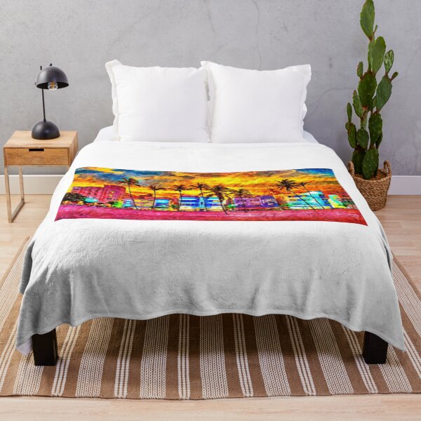 Item preview, Ocean Drive with the palm trees and the art deco hotels in Miami Beach at sunset - oil painting designed and sold by NickoPrints.