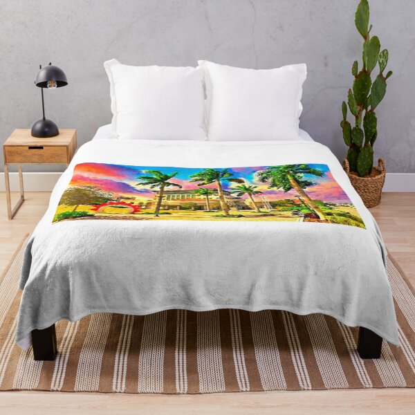 Item preview, Coral Springs city hall building seen behind the palm trees at sunset - digital painting designed and sold by NickoPrints.