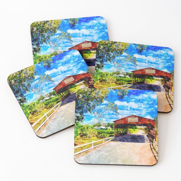 Item preview, Coral Springs Covered Bridge - watercolor ink painting designed and sold by NickoPrints.