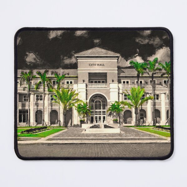 Item preview, Miramar city hall building in black and white with the green of the vegetation isolated designed and sold by NickoPrints.