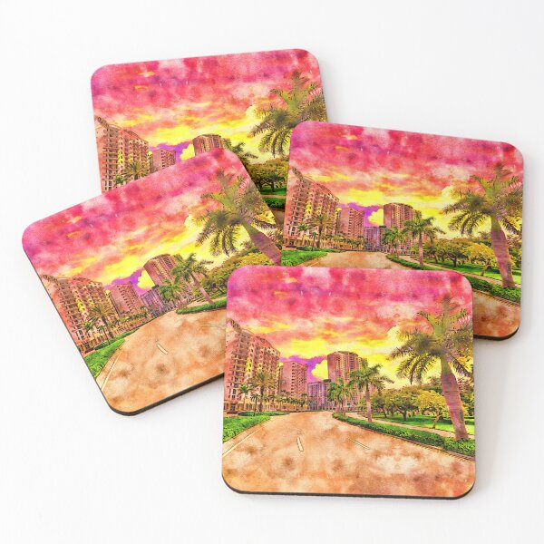 Item preview, Young Circle Park in downtown Hollywood, Florida, at sunset - pen and watercolor designed and sold by NickoPrints.