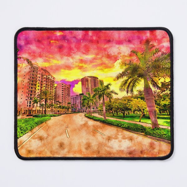 Item preview, Young Circle Park in downtown Hollywood, Florida, at sunset - pen and watercolor designed and sold by NickoPrints.