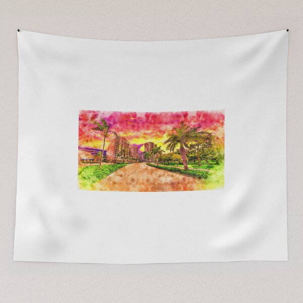 Item preview, Young Circle Park in downtown Hollywood, Florida, at sunset - pen and watercolor designed and sold by NickoPrints.