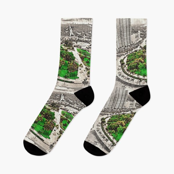 Item preview, Aerial view of the Young Circle Park in downtown Hollywood in black and white with green isolated designed and sold by NickoPrints.