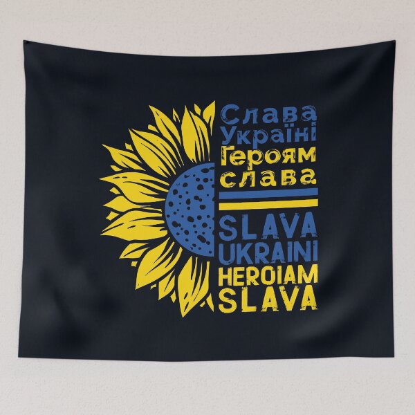 Item preview, Слава Україні! Героям слава! Blue and Yellow Ukraine Flag Colors Sunflower SLAVA UKRAINI HEROIAM SLAVA Distressed Typographic Quote to Support Ukraine and Ukrainians designed and sold by zenturtlemerch.
