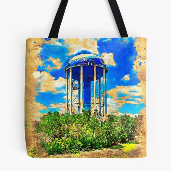 Item preview, Hollywood water tower seen from Interstate 95 - digital painting with vintage look designed and sold by NickoPrints.