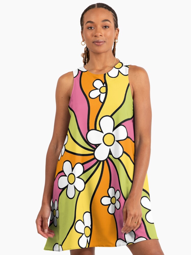Wavy Daisies Pattern Daisy A-Line Dress