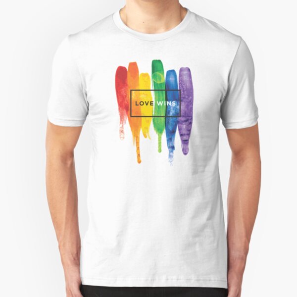 Watercolor LGBT Love Wins Rainbow Paint Typographic Slim Fit T-Shirt