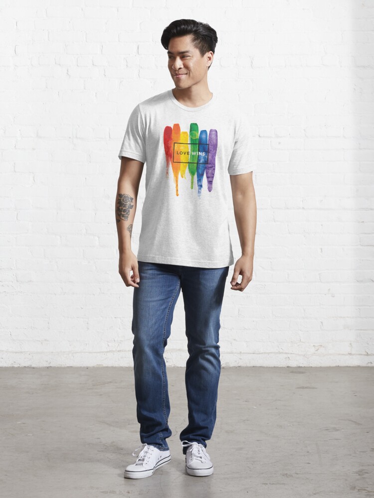 Alternate view of Watercolor LGBT Love Wins Rainbow Paint Typographic Essential T-Shirt