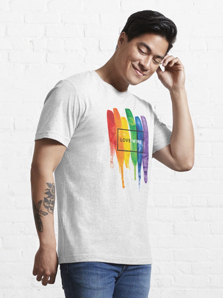 Alternate view of Watercolor LGBT Love Wins Rainbow Paint Typographic Essential T-Shirt