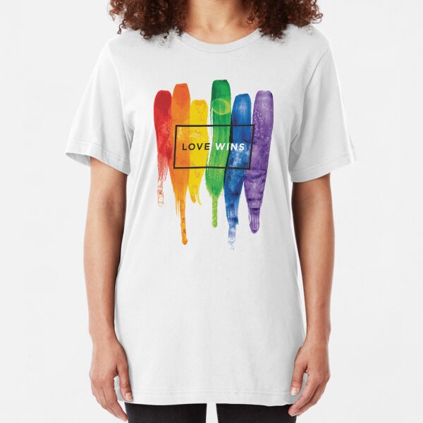 Watercolor LGBT Love Wins Rainbow Paint Typographic Slim Fit T-Shirt