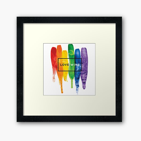 Watercolor LGBT Love Wins Rainbow Paint Typographic Framed Art Print