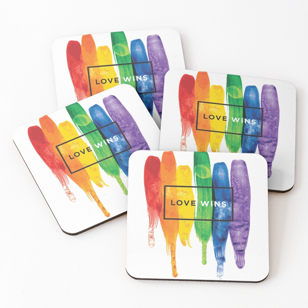 Watercolor LGBT Love Wins Rainbow Paint Typographic Coasters (Set of 4)
