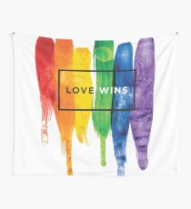 Watercolor LGBT Love Wins Rainbow Paint Typographic Wall Tapestry