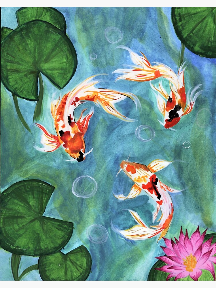 Watercolor Koi Fish in Lily Pond Impressionist Art Print