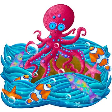 Artwork thumbnail, Red Octopus and Ocean Friends playing with Bubbles by HushTheMoon