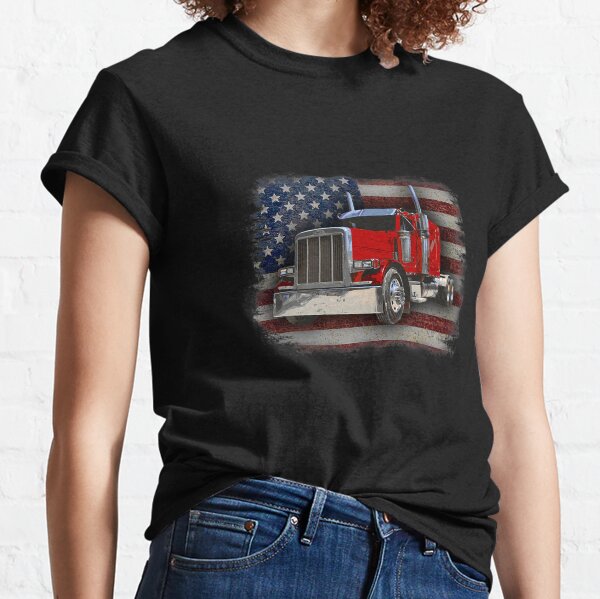 Vista previa del artículo con la obra «Camionero con bandera estadounidense y Big Rig», diseñado y vendido por osborange.