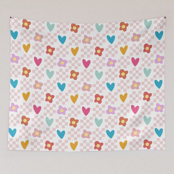 Item preview, Colorful Checker Squares Hearts & Flowers Pattern Pastel Pink designed and sold by scorpiolane.
