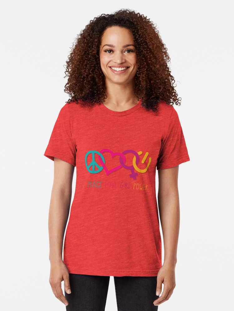 Alternate view of Peace Love Girl Power Symbol Multicolor Tri-blend T-Shirt