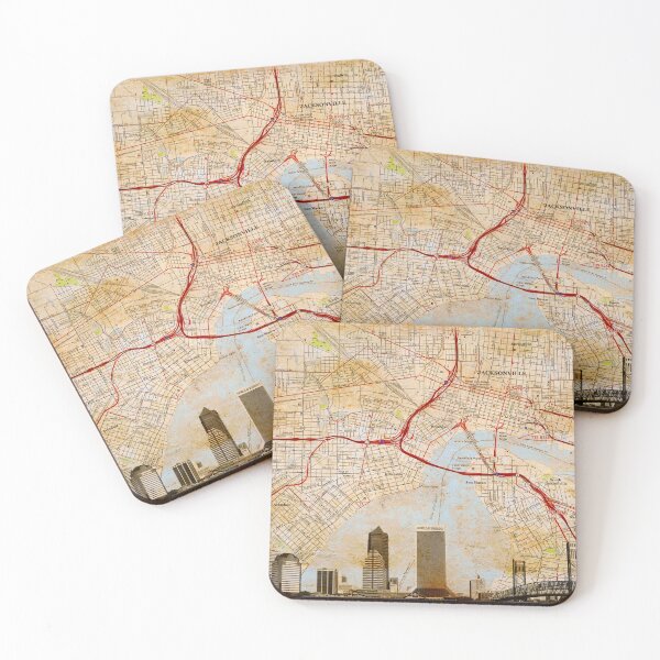 Item preview, Map of Downtown Jacksonville, Florida, and skyline blended on old paper designed and sold by NickoPrints.