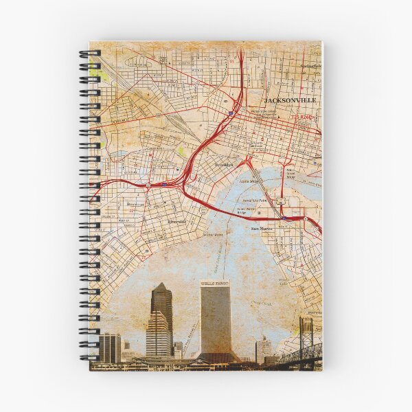 Item preview, Map of Downtown Jacksonville, Florida, and skyline blended on old paper designed and sold by NickoPrints.