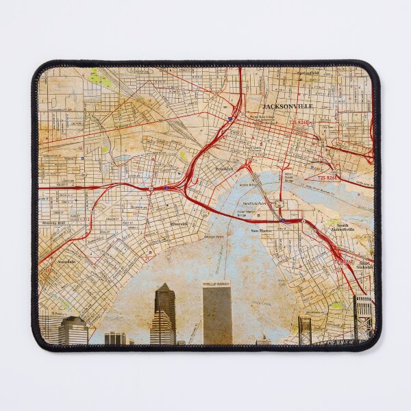 Item preview, Map of Downtown Jacksonville, Florida, and skyline blended on old paper designed and sold by NickoPrints.