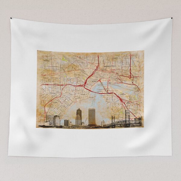 Item preview, Map of Downtown Jacksonville, Florida, and skyline blended on old paper designed and sold by NickoPrints.