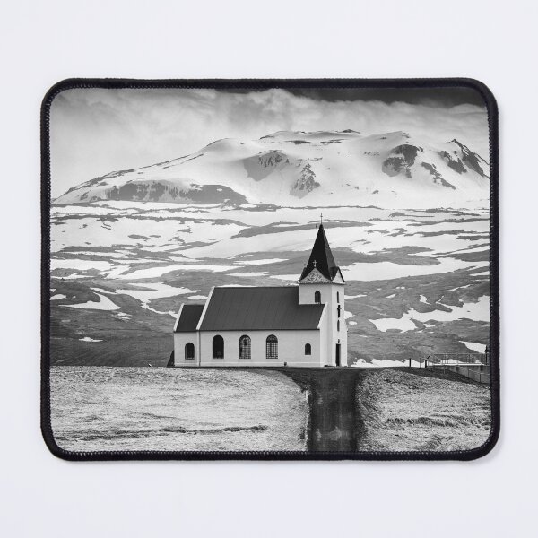 Item preview, Iceland Ingjaldsholl church and mountains black and white designed and sold by mhfoto.