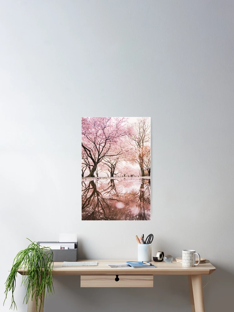 Thumbnail 2 of 3, Poster, Pink Blossom Trees Reflection In Puddle In Spring - Reflection designed and sold by MSistersDesigns.