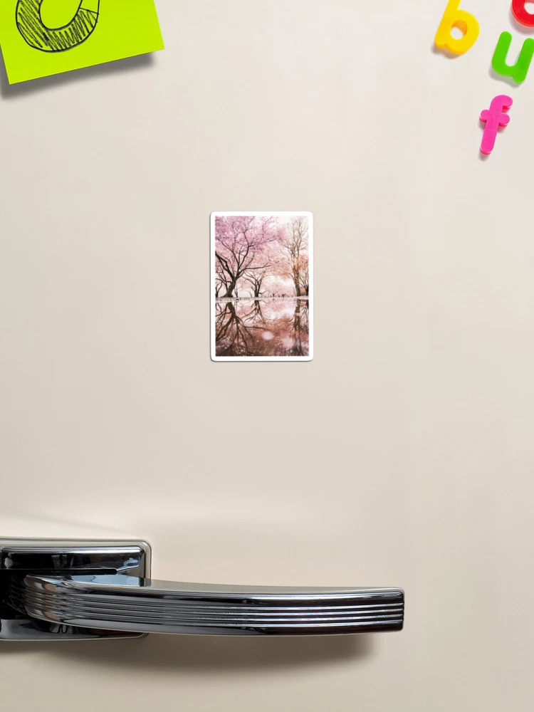 Thumbnail 1 of 3, Magnet, Pink Blossom Trees Reflection In Puddle In Spring - Reflection designed and sold by MSistersDesigns.
