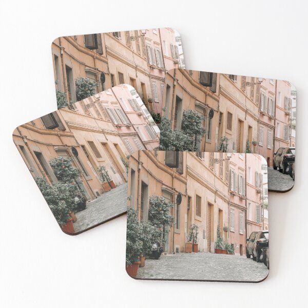 Item preview, Pastel Color Houses Empty Cobblestone Street Trastevere Rome Italy designed and sold by PhotosByVille.