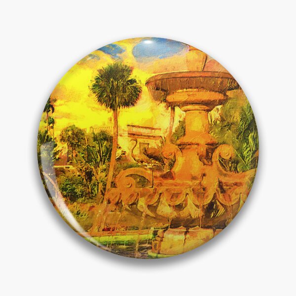 Item preview, The Golden Flamingo Fountain in front of the Hialeah Park Casino at sunset - digital painting designed and sold by NickoPrints.