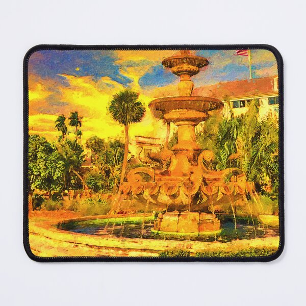 Item preview, The Golden Flamingo Fountain in front of the Hialeah Park Casino at sunset - digital painting designed and sold by NickoPrints.
