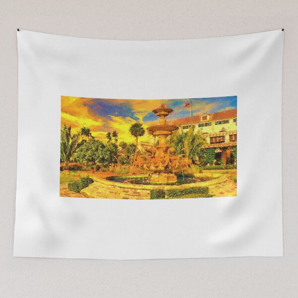 Item preview, The Golden Flamingo Fountain in front of the Hialeah Park Casino at sunset - digital painting designed and sold by NickoPrints.