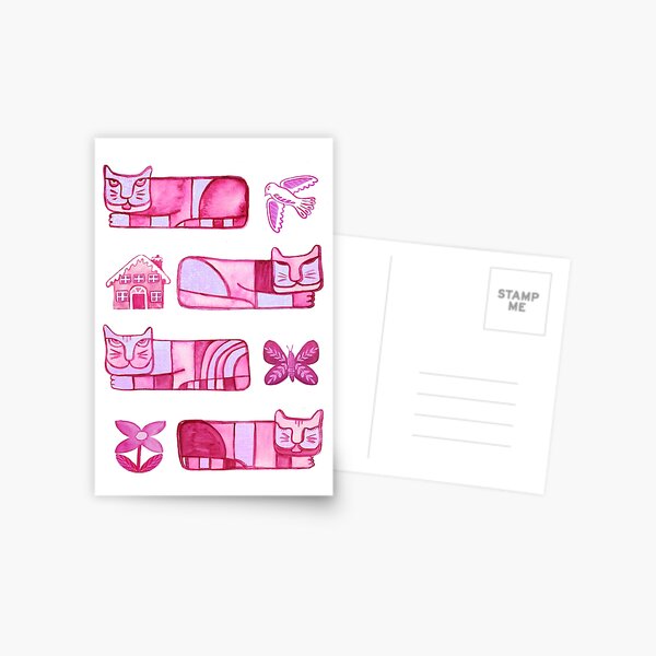 Cats with doves, houses and flowers in watercolor pink folk art Postcard
