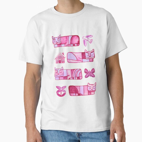 Cats with doves, houses and flowers in watercolor pink folk art Classic T-Shirt