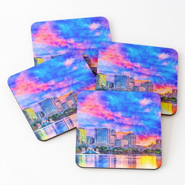 Item preview, Skyline of downtown Orlando, Florida, seen at sunset from lake Eola - ink and watercolor designed and sold by NickoPrints.