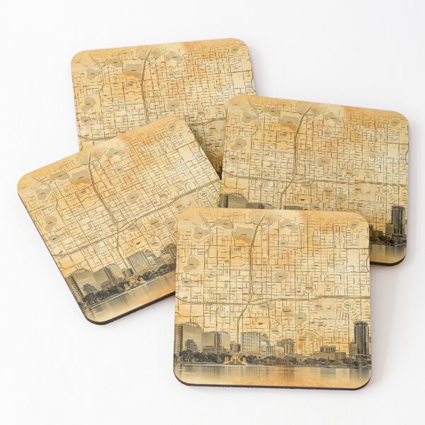 Item preview, Map of downtown Orlando, Florida, and skyline blended on old paper designed and sold by NickoPrints.