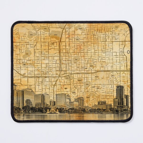 Item preview, Map of downtown Orlando, Florida, and skyline blended on old paper designed and sold by NickoPrints.