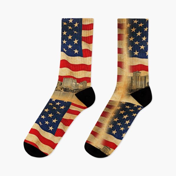 Item preview, Downtown Orlando skyline blended with the US flag waving on old paper texture designed and sold by NickoPrints.
