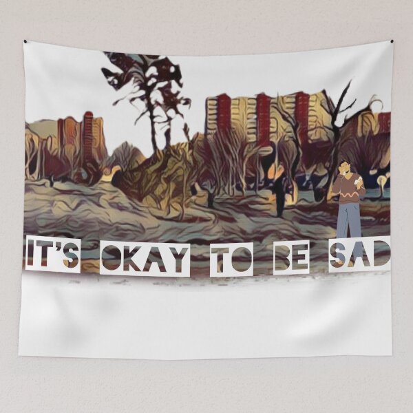 Item preview, a painted landscape with a sad guy and an inscription "it's okay to be sad" designed and sold by DanaIrik.