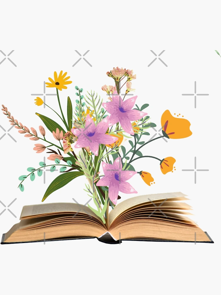flowers growing from book Sticker for Sale by peachesnglow