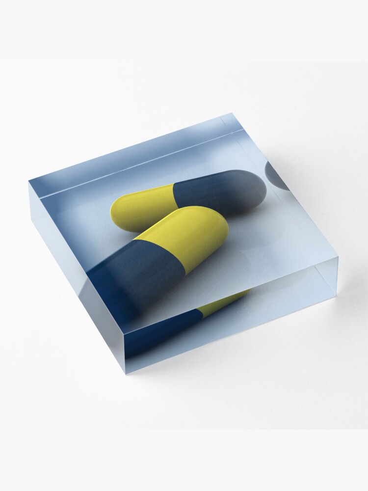 Alternate view of Blue and yellow medication capsules. Acrylic Block
