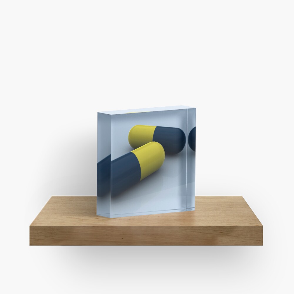 Blue and yellow medication capsules. Acrylic Block