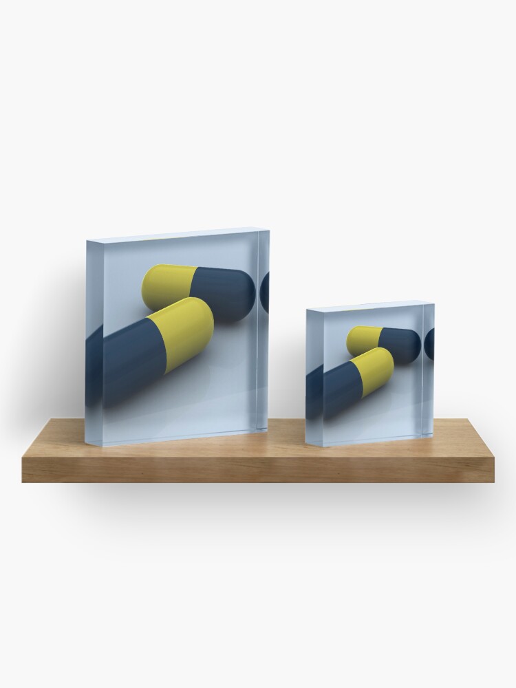Alternate view of Blue and yellow medication capsules. Acrylic Block