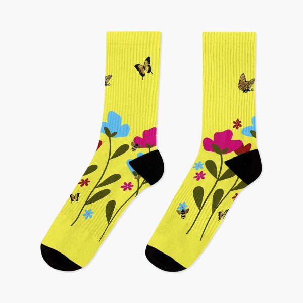 Aperçu de l'œuvre Fleurs, abeilles et papillons, jaune ensoleillé créée et vendue par CreateShape.