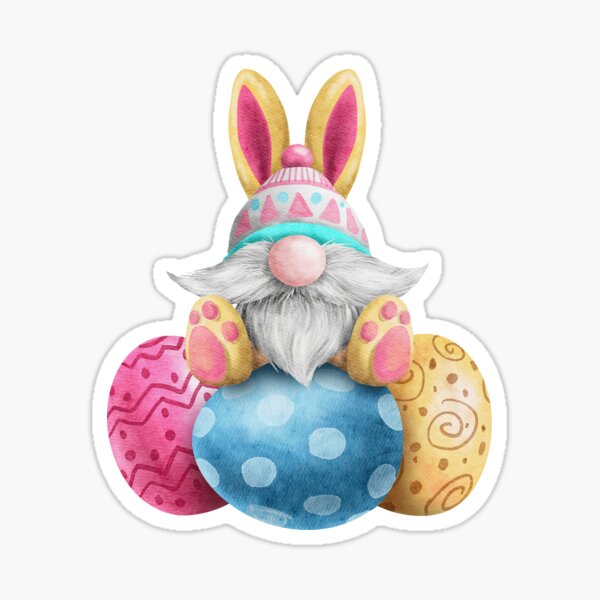 Watercolor Easter Gnome on Eggs with Bunny Ears and Paws Sticker