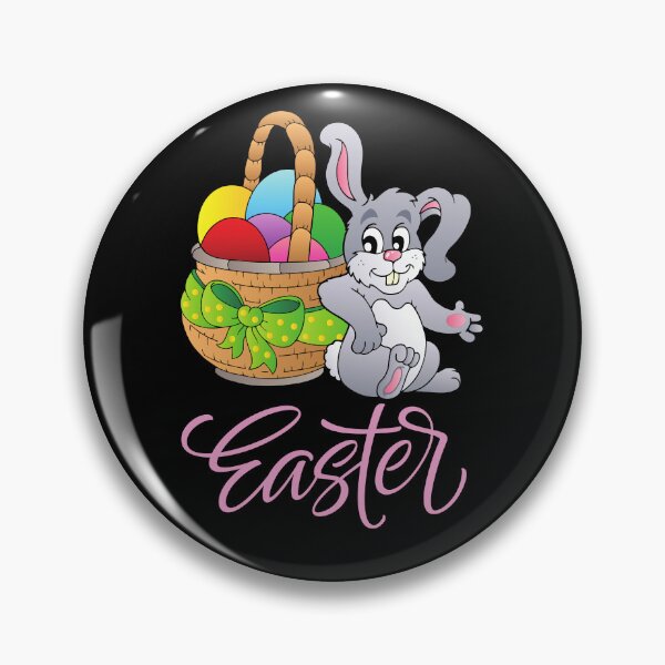 Item preview, bright-colored design of a cute funny easter bunny with a basket of colorful eggs designed and sold by DahliaBlanche.