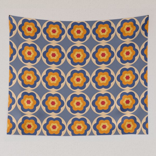 Item preview, Retro orange and navy flowers pattern designed and sold by Thegentleshop.