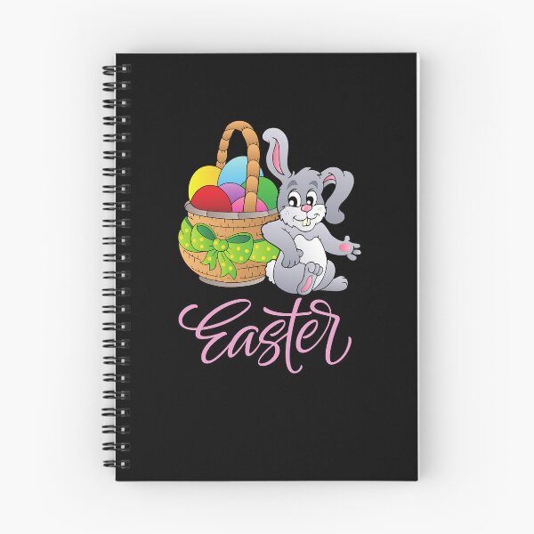 Item preview, bright-colored design of a cute funny easter bunny with a basket of colorful eggs designed and sold by DahliaBlanche.